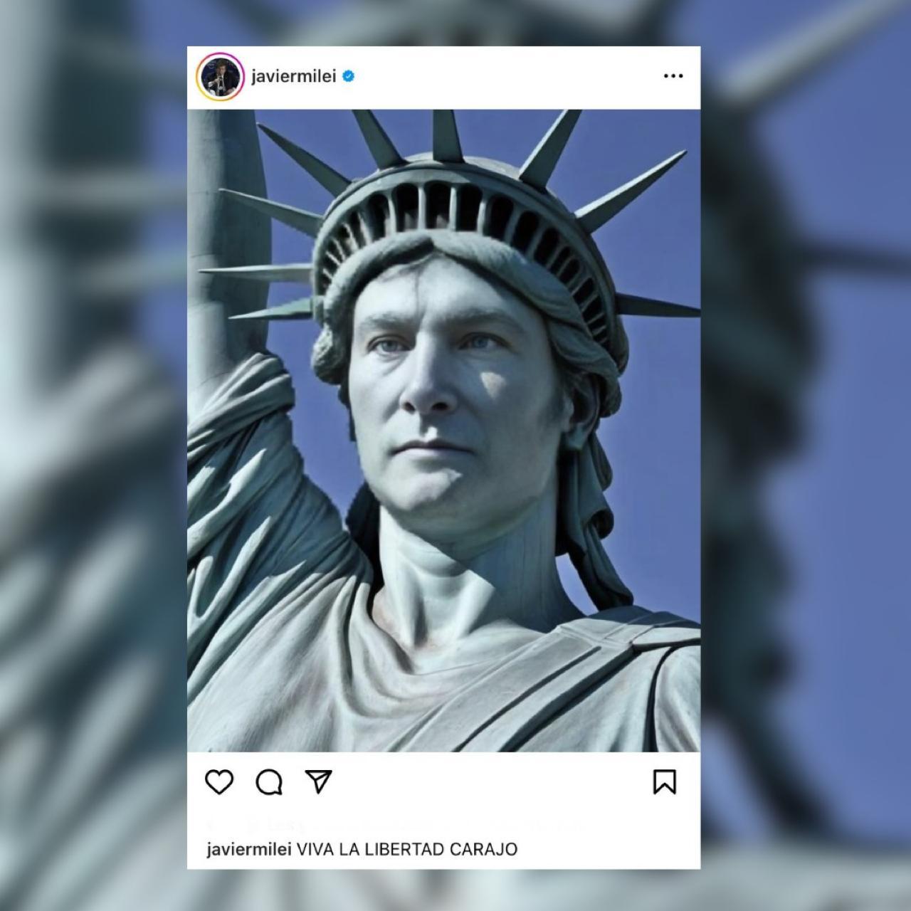 Milei publica foto de la Estatua de la Libertad con su rostro y las redes estallan