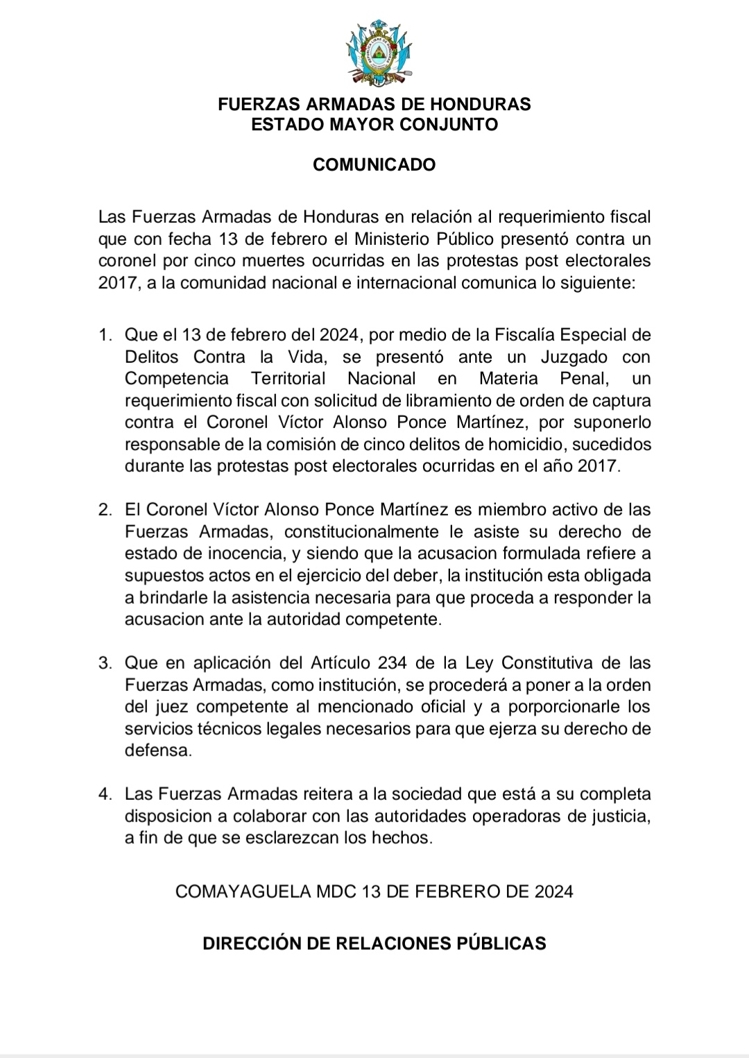 FFAA se pronuncia ante el requerimiento fiscal contra Coronel Victor Ponce, por cinco muertes ocurridas en protestas electorales 2017.